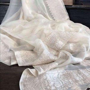 Classic White Chiffon Banarasi Sarees/Silver Zari
